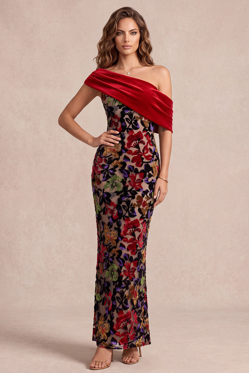 Load image into Gallery viewer, Mermaid Red Velvet Floral Ruched Asymmetrical Neck Long Evening Dress with Slit