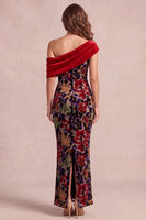 Load image into Gallery viewer, Mermaid Red Velvet Floral Ruched Asymmetrical Neck Long Evening Dress with Slit
