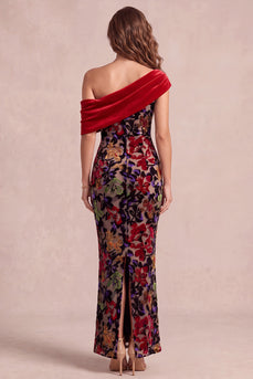 Mermaid Red Velvet Floral Ruched Asymmetrical Neck Long Evening Dress with Slit