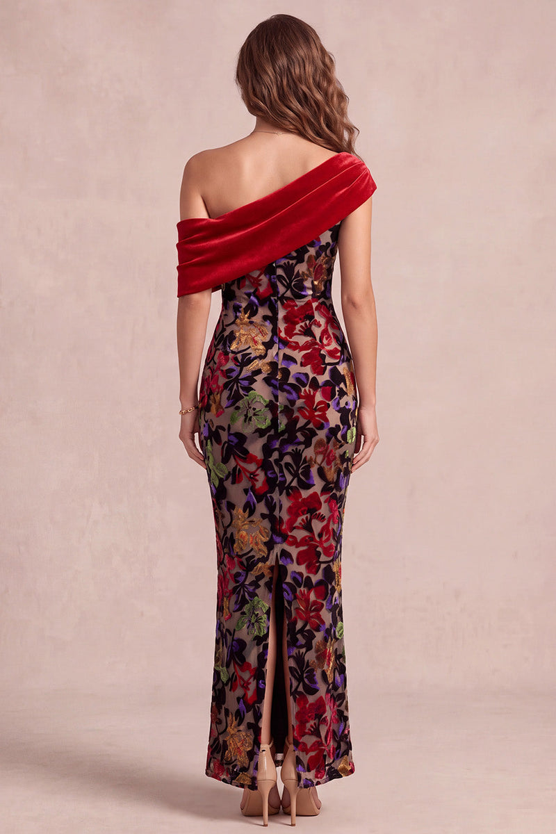 Load image into Gallery viewer, Mermaid Red Velvet Floral Ruched Asymmetrical Neck Long Evening Dress with Slit