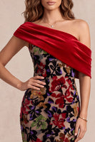 Load image into Gallery viewer, Mermaid Red Velvet Floral Ruched Asymmetrical Neck Long Evening Dress with Slit