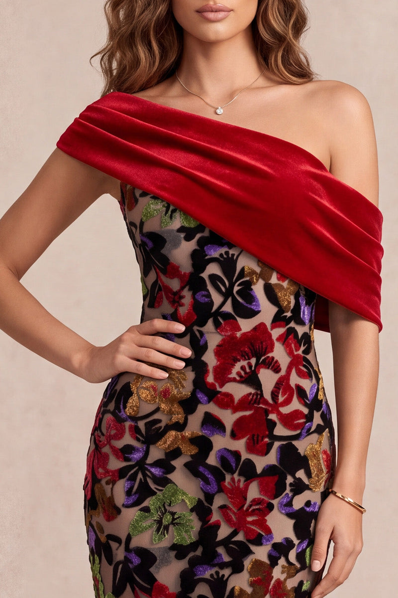 Load image into Gallery viewer, Mermaid Red Velvet Floral Ruched Asymmetrical Neck Long Evening Dress with Slit