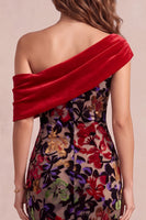 Load image into Gallery viewer, Mermaid Red Velvet Floral Ruched Asymmetrical Neck Long Evening Dress with Slit