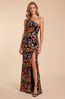 Load image into Gallery viewer, Sparkly Black Mermaid Floral One Shoulder Long Evening Dress with Sequins