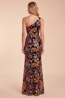 Sparkly Black Mermaid Floral One Shoulder Long Evening Dress with Sequins