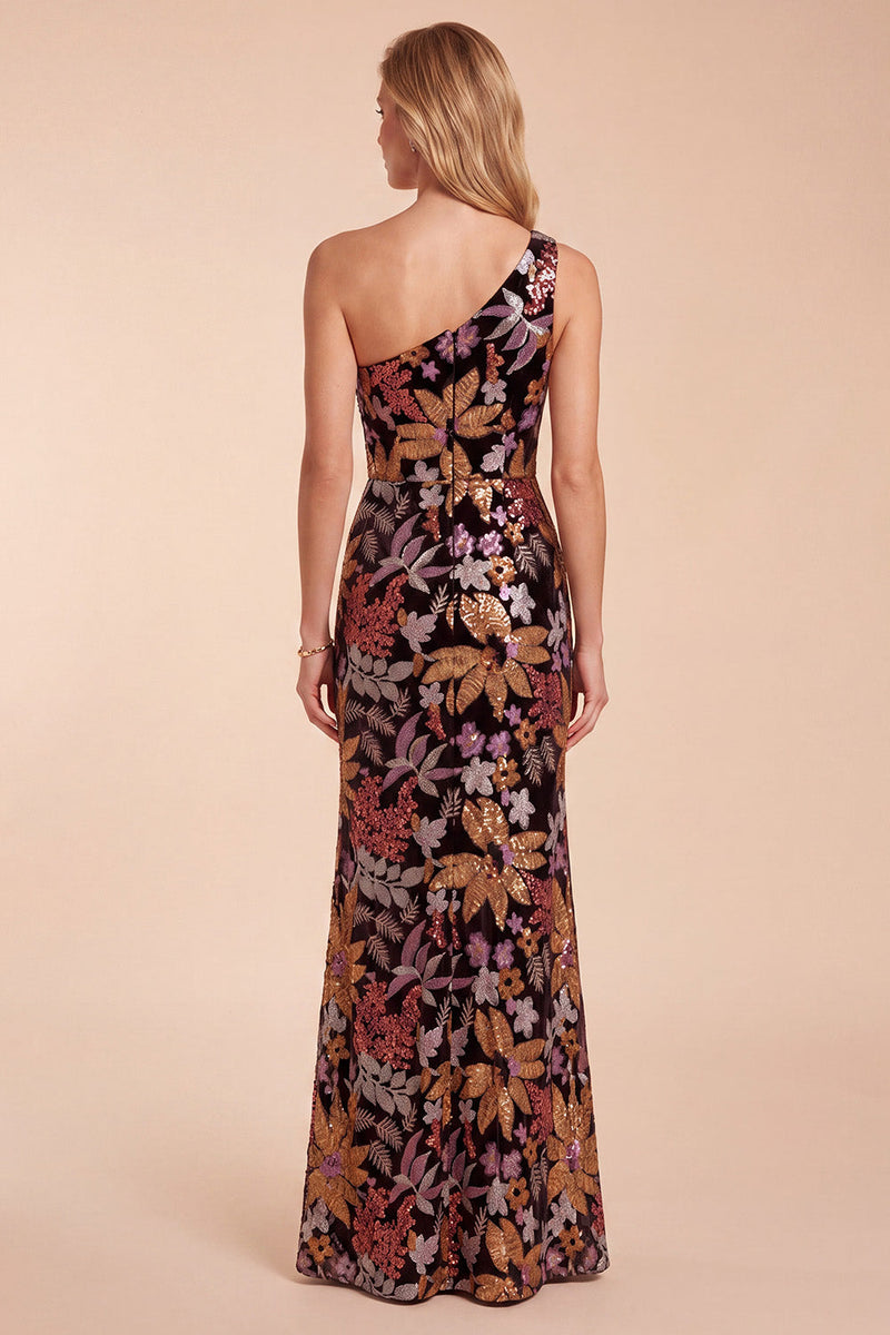 Load image into Gallery viewer, Sparkly Black Mermaid Floral One Shoulder Long Evening Dress with Sequins