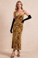 Load image into Gallery viewer, Sheath Mustard Gold Velvet Floral Spaghetti Straps Long Wedding Guest Dress