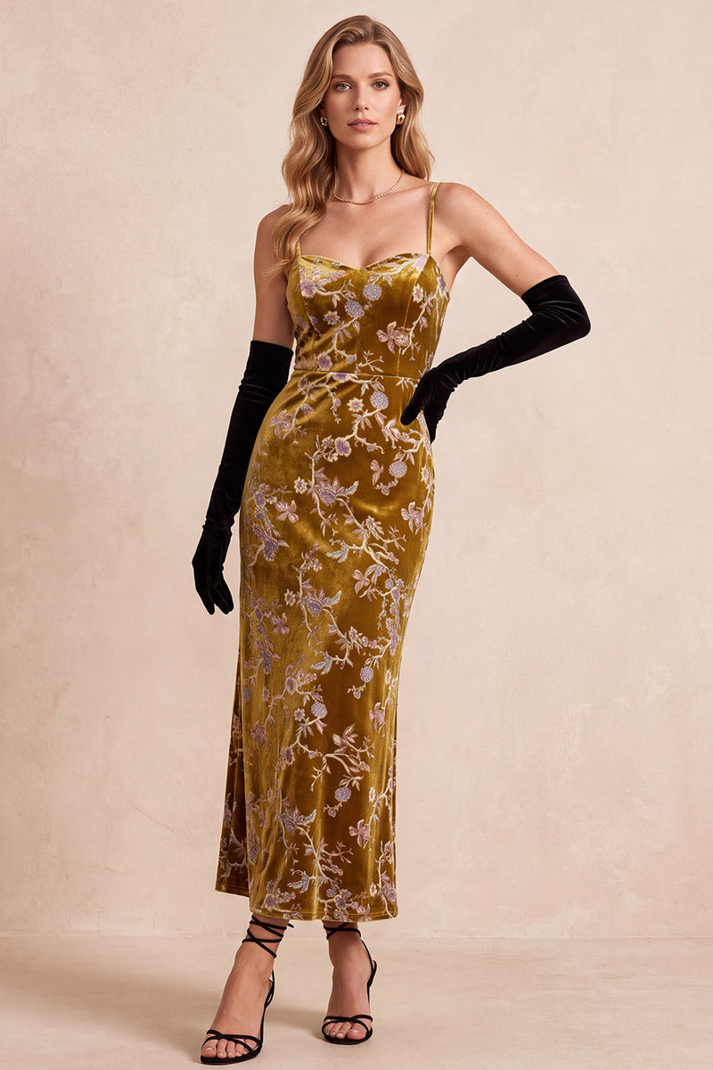 Load image into Gallery viewer, Sheath Mustard Gold Velvet Floral Spaghetti Straps Long Wedding Guest Dress