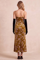 Load image into Gallery viewer, Sheath Mustard Gold Velvet Floral Spaghetti Straps Long Wedding Guest Dress