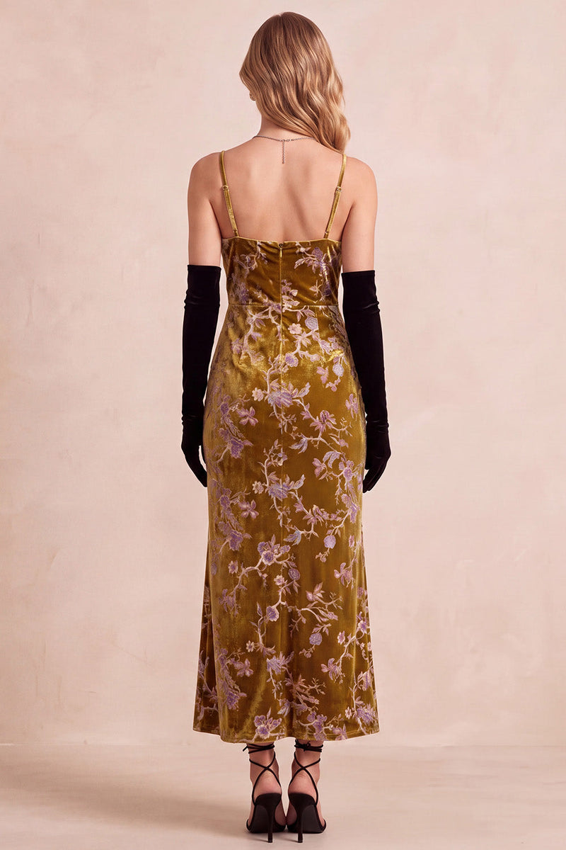 Load image into Gallery viewer, Sheath Mustard Gold Velvet Floral Spaghetti Straps Long Wedding Guest Dress