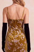 Load image into Gallery viewer, Sheath Mustard Gold Velvet Floral Spaghetti Straps Long Wedding Guest Dress