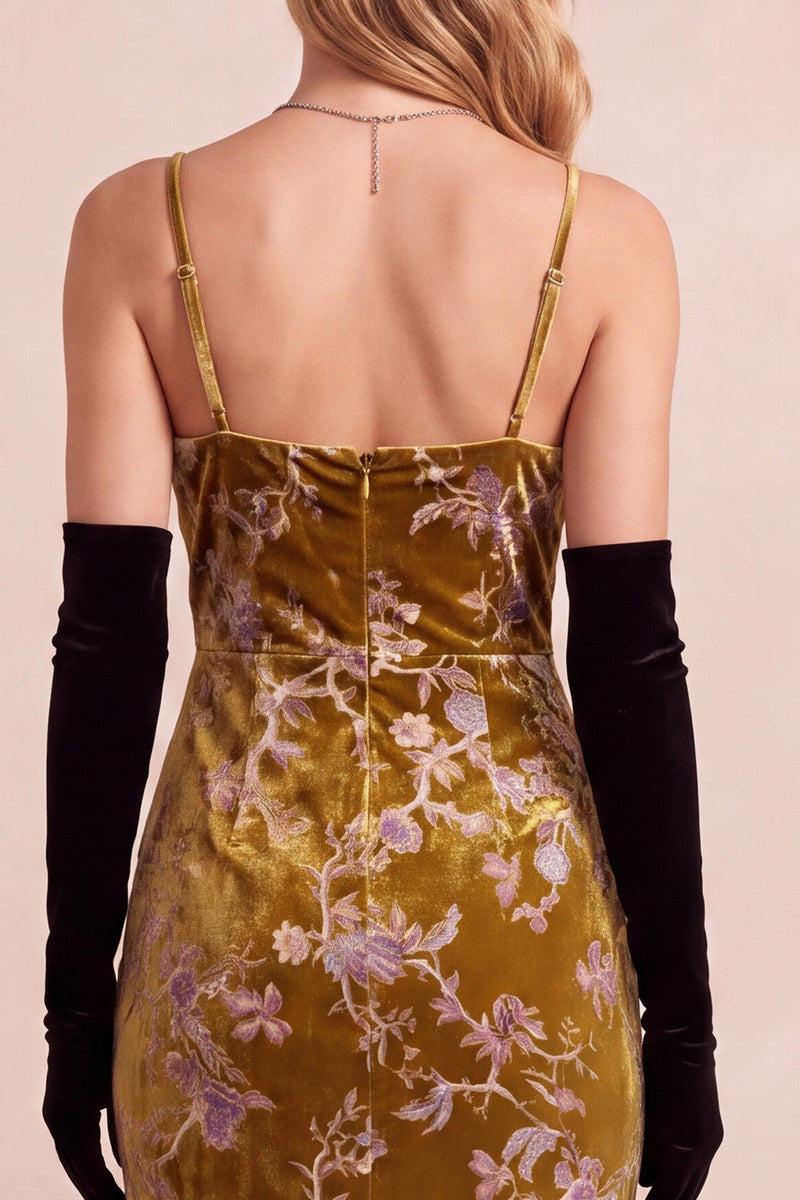 Load image into Gallery viewer, Sheath Mustard Gold Velvet Floral Spaghetti Straps Long Wedding Guest Dress