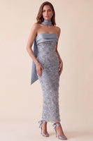 Load image into Gallery viewer, Sparkly Grey Blue Floral Sheath Sequin Long Evening Dress with Neck Scarf