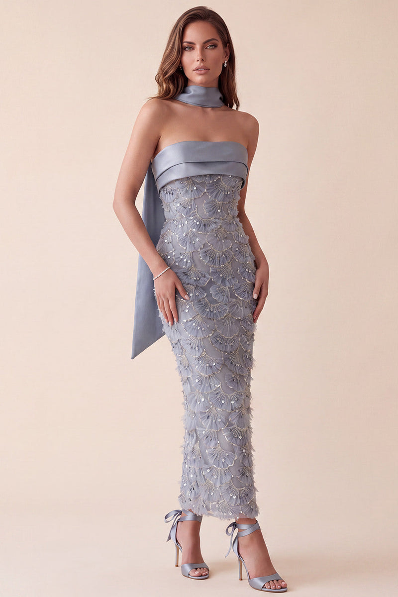Load image into Gallery viewer, Sparkly Grey Blue Floral Sheath Sequin Long Evening Dress with Neck Scarf