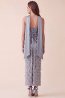 Load image into Gallery viewer, Sparkly Grey Blue Floral Sheath Sequin Long Evening Dress with Neck Scarf