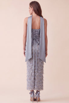Sparkly Grey Blue Floral Sheath Sequin Long Evening Dress with Neck Scarf