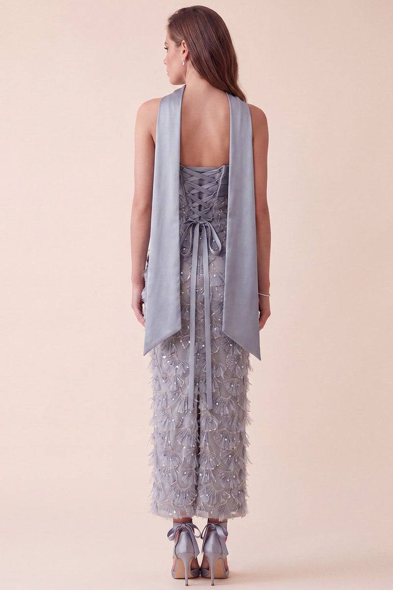 Load image into Gallery viewer, Sparkly Grey Blue Floral Sheath Sequin Long Evening Dress with Neck Scarf