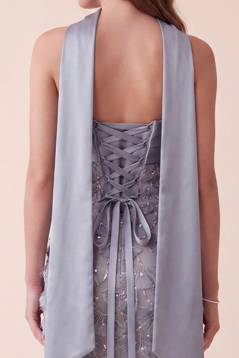 Load image into Gallery viewer, Sparkly Grey Blue Floral Sheath Sequin Long Evening Dress with Neck Scarf