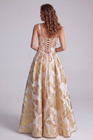 Load image into Gallery viewer, Jacquard Champagne A Line Corset Thick Straps Long Evening Dress