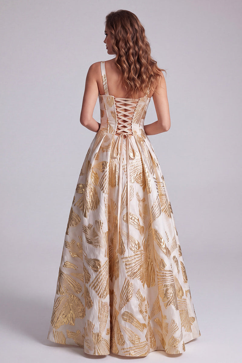 Load image into Gallery viewer, Jacquard Champagne A Line Corset Thick Straps Long Evening Dress