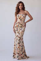 Load image into Gallery viewer, Velvet Champagne Mermaid Floral Strapless Long Wedding Guest Dress