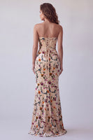 Load image into Gallery viewer, Velvet Champagne Mermaid Floral Strapless Long Wedding Guest Dress