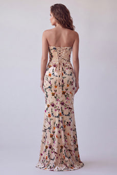 Velvet Champagne Mermaid Floral Strapless Long Wedding Guest Dress