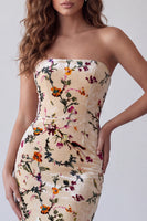 Load image into Gallery viewer, Velvet Champagne Mermaid Floral Strapless Long Wedding Guest Dress