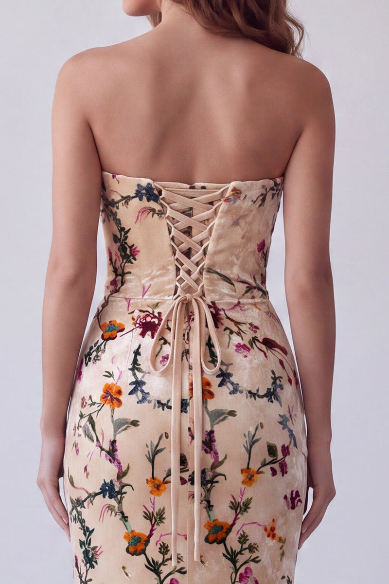 Load image into Gallery viewer, Velvet Champagne Mermaid Floral Strapless Long Wedding Guest Dress