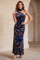Load image into Gallery viewer, Sheath Dark Blue Velvet Floral One Shoulder Long Wedding Guest Dress