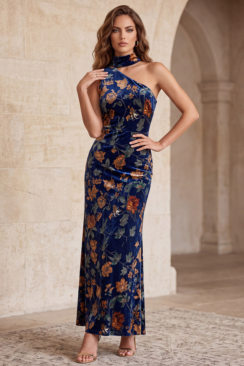 Load image into Gallery viewer, Sheath Dark Blue Velvet Floral One Shoulder Long Wedding Guest Dress