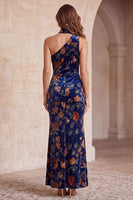 Load image into Gallery viewer, Sheath Dark Blue Velvet Floral One Shoulder Long Wedding Guest Dress