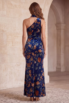 Sheath Dark Blue Velvet Floral One Shoulder Long Wedding Guest Dress
