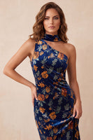 Load image into Gallery viewer, Sheath Dark Blue Velvet Floral One Shoulder Long Wedding Guest Dress