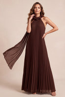 Load image into Gallery viewer, Pleated Chocolates A Line Chiffon Halter Long Wedding Guest Dress with 3D Flowers