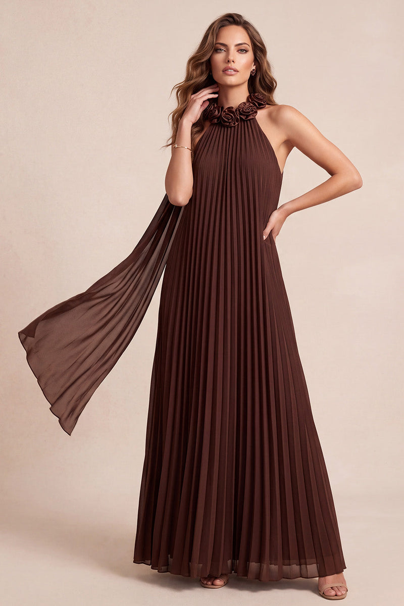 Load image into Gallery viewer, Pleated Chocolates A Line Chiffon Halter Long Wedding Guest Dress with 3D Flowers