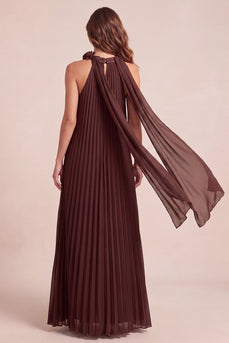 Pleated Chocolates A Line Chiffon Halter Long Wedding Guest Dress with 3D Flowers