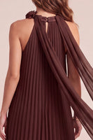 Load image into Gallery viewer, Pleated Chocolates A Line Chiffon Halter Long Wedding Guest Dress with 3D Flowers