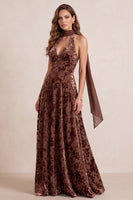 Load image into Gallery viewer, A Line Chocolates Velvet Floral Halter Long Wedding Guest Dress with Neck Scarf