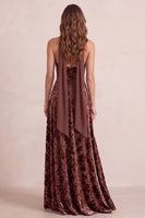 Load image into Gallery viewer, A Line Chocolates Velvet Floral Halter Long Wedding Guest Dress with Neck Scarf