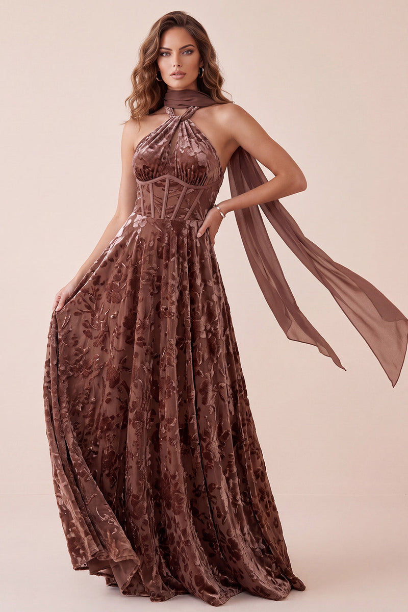 Load image into Gallery viewer, Velvet Chocolates A Line Corset Floral Long Wedding Guest Dress with Neck Scarf