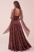 Load image into Gallery viewer, Velvet Chocolates A Line Corset Floral Long Wedding Guest Dress with Neck Scarf