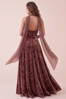 Velvet Chocolates A Line Corset Floral Long Wedding Guest Dress with Neck Scarf