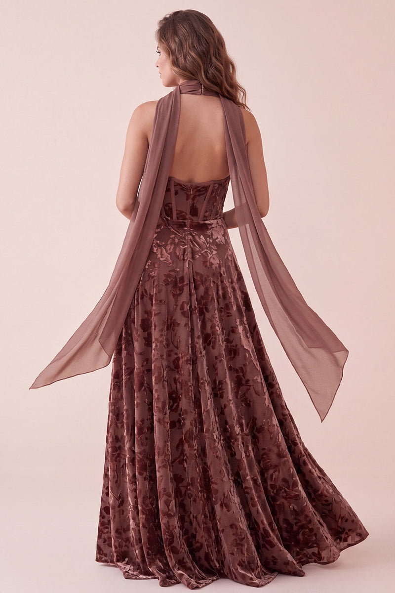 Load image into Gallery viewer, Velvet Chocolates A Line Corset Floral Long Wedding Guest Dress with Neck Scarf