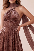 Load image into Gallery viewer, Velvet Chocolates A Line Corset Floral Long Wedding Guest Dress with Neck Scarf