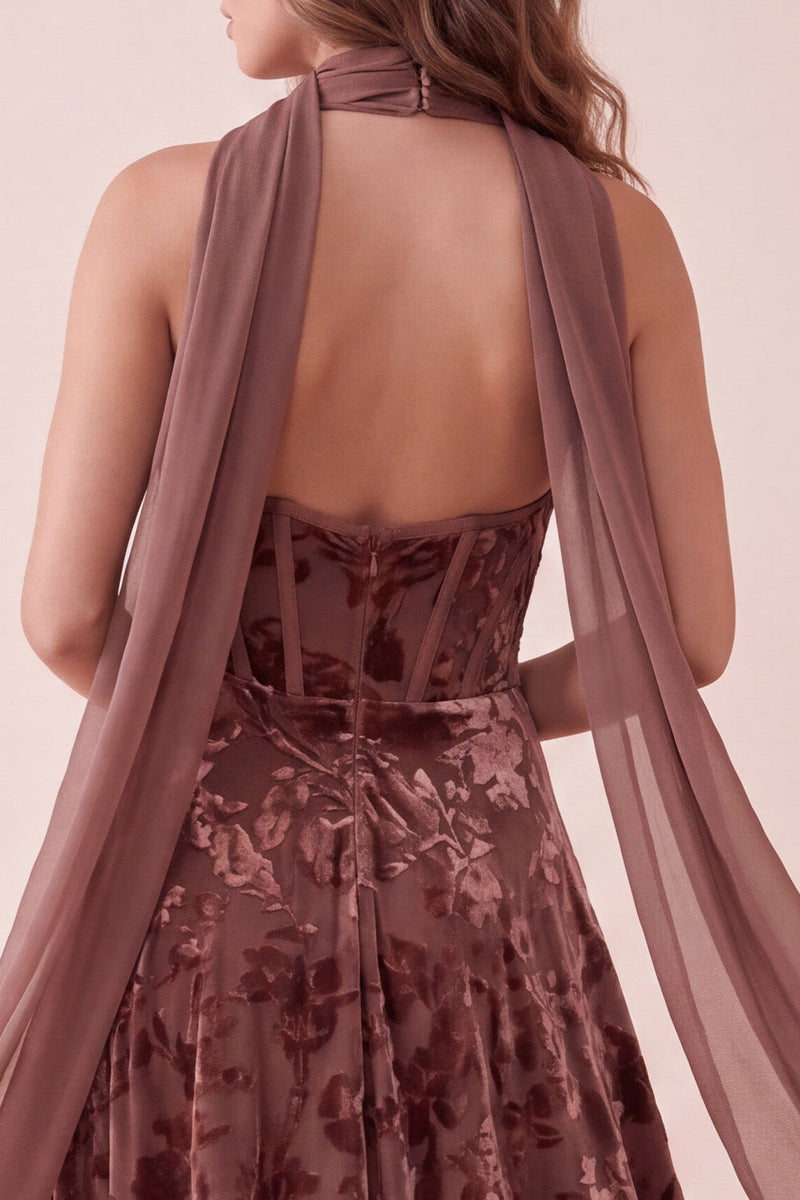 Load image into Gallery viewer, Velvet Chocolates A Line Corset Floral Long Wedding Guest Dress with Neck Scarf