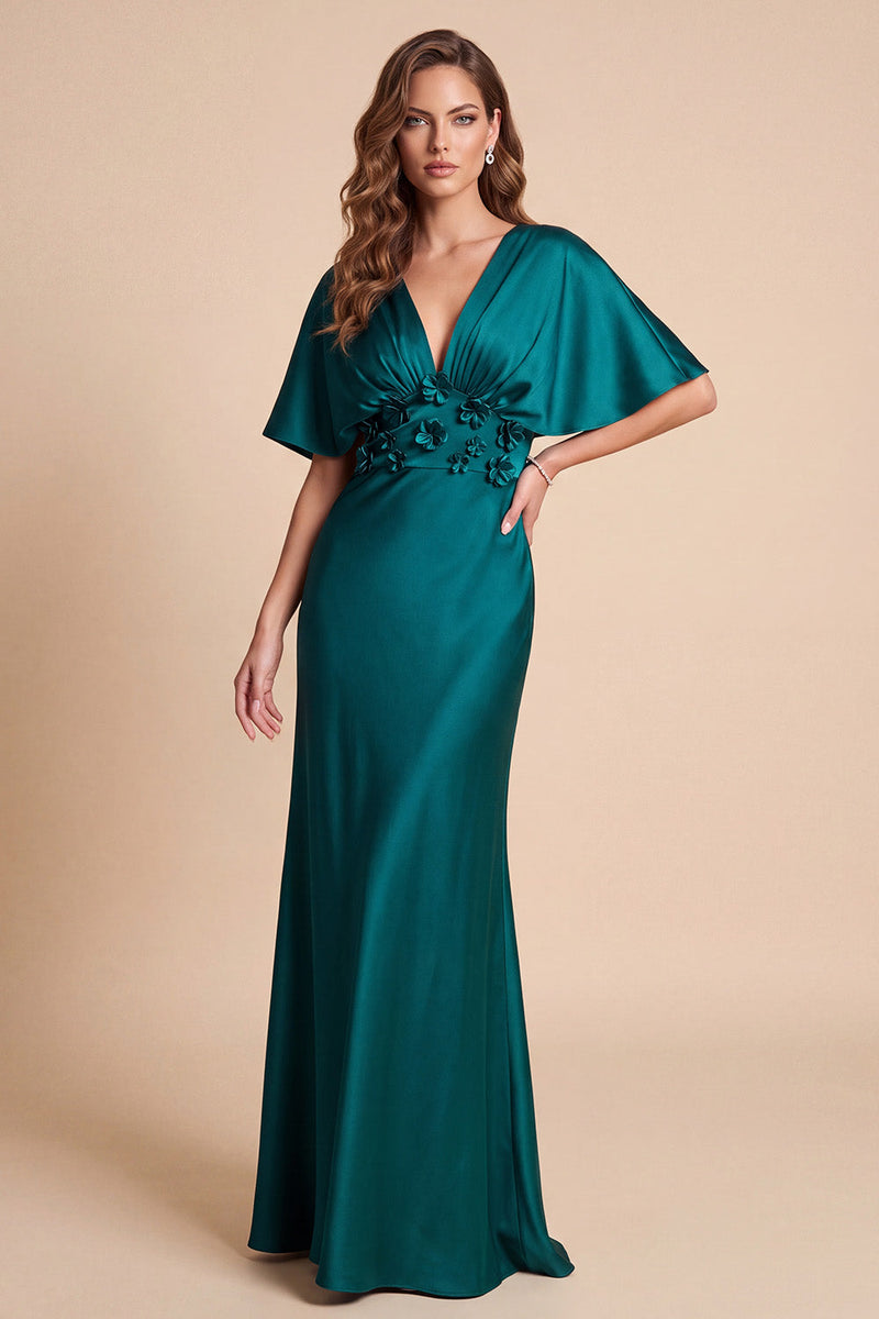 Load image into Gallery viewer, A Line Peacock Green Satin V-Neck Ruched Long Wedding Guest Dress with 3D Flowers