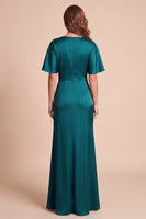 Load image into Gallery viewer, A Line Peacock Green Satin V-Neck Ruched Long Wedding Guest Dress with 3D Flowers