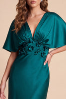 Load image into Gallery viewer, A Line Peacock Green Satin V-Neck Ruched Long Wedding Guest Dress with 3D Flowers
