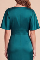 Load image into Gallery viewer, A Line Peacock Green Satin V-Neck Ruched Long Wedding Guest Dress with 3D Flowers